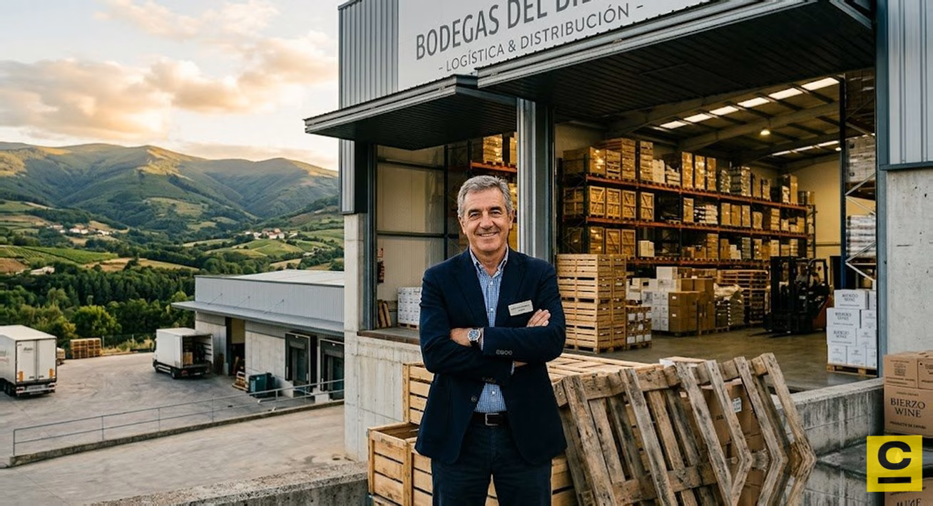 Dueu00f1o de negocio frente a una nave en El Bierzo, satisfecho