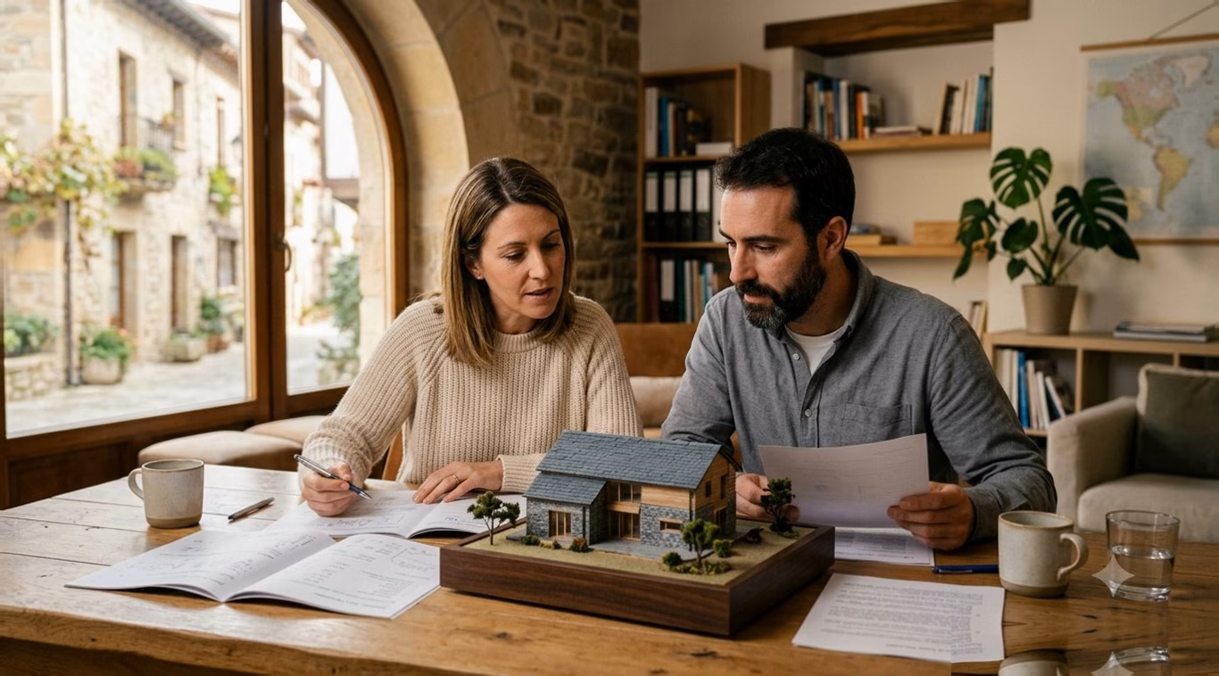 Pareja revisando documentos de inversión inmobiliaria sobre una mesa de madera